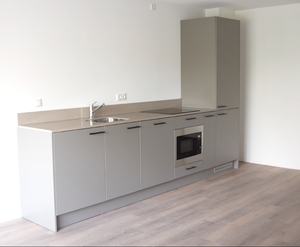 Moderne grijze keuken met ingebouwde apparaten.