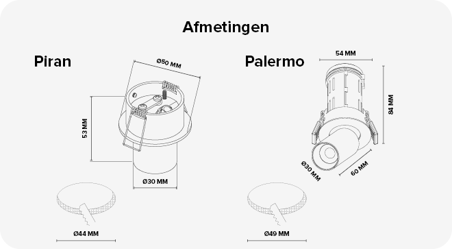 Piran en Palermo downlights met afmetingen in millimeters.