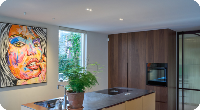 Moderne keuken met kleurrijk schilderij en planten