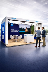 Beursstand met installatiegemak display en twee bezoekers.